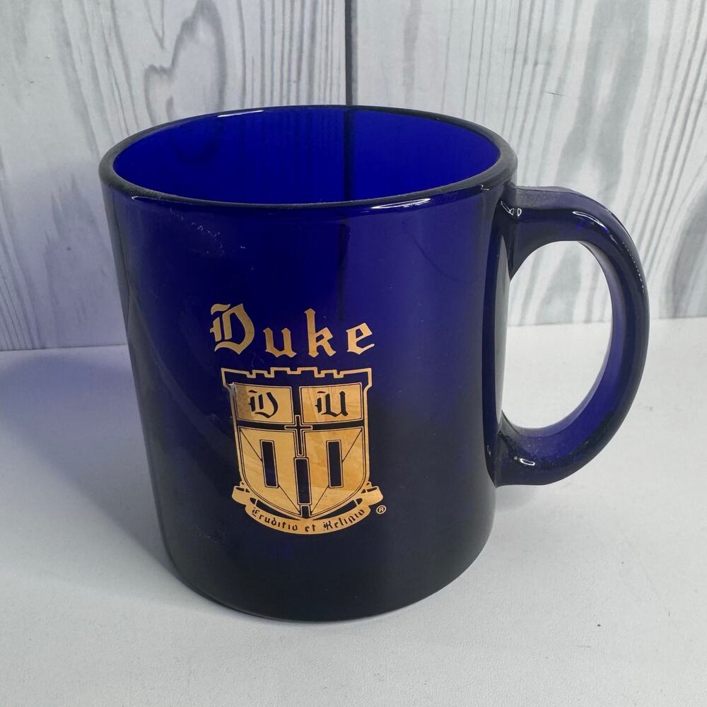 Duke University Crest Cobalt Blue And Gold Glass Mug Made in USA Vintage